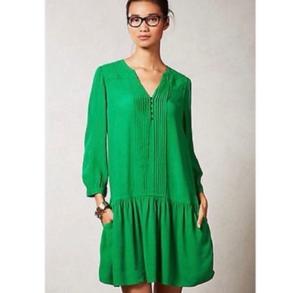 Maeve Anthropologie Galina Mini Dress Emerald Hunter Green XS Drop Waist
